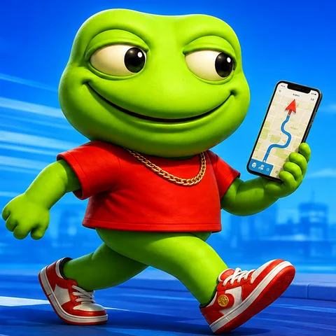 The toad mid-stride on a blue street, phone raised.